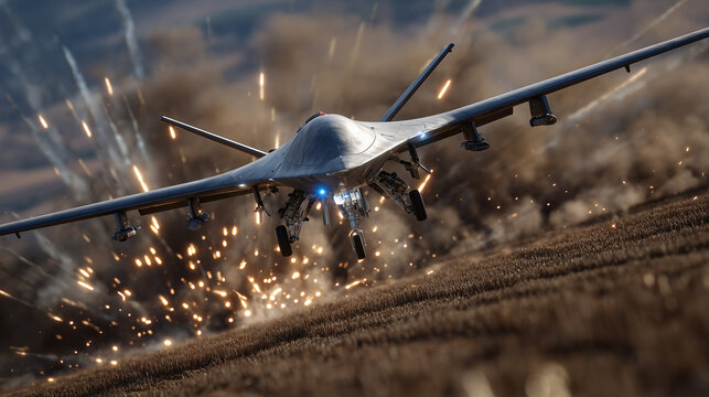 Low-angle view of Shahed drone evading ground fire, bullets and sparks flying past metallic fuselage, dust and smoke rising from fields below