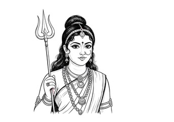 Elegant Black and White Illustration of Hindu Goddess Parvati with Trishul