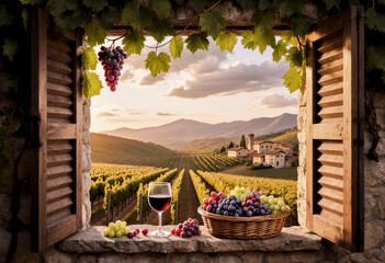 Tuscan vineyard window view with wine and grapes at sunset