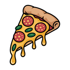 A hot pizza slice with dripping melted cheese isolated on white background