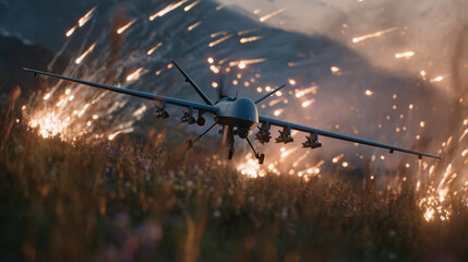 Dramatic perspective of Shahed drone flying across fields under heavy ground fire, bullets and smoke crisscrossing, cinematic sunset lighting highlighting metallic drone