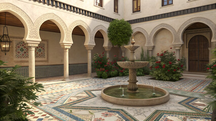 Moorish Courtyard Room – Indoor fountain, arched niches, geometric tile floor.