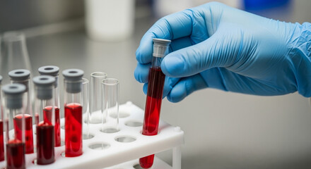 A gloved hand placing a blood-filled test tube into a rack, showcasing the process of medical testing and analysis in a laboratory setting.
