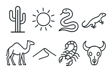 Desert icons: cactus, sun, snake, lizard, camel, dunes, scorpion, skull