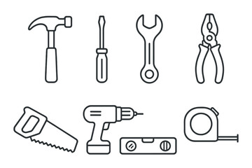 Fototapeta premium Monochrome tool icons: hammer, screwdriver, wrench, pliers, saw, drill, level, tape measure