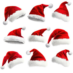 Festive collection of red and white Santa hats for holiday decorations and celebrations