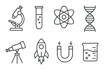 Science icons: microscope, test tube, atom, dna, telescope, rocket, magnet, beaker