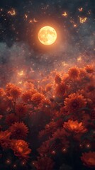 A glowing full moon rises above a mystical field of orange flowers, surrounded by floating butterflies and sparkling particles, creating a dreamlike and magical night scene.