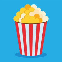 A classic red and white striped popcorn bucket overflowing with freshly popped kernels a perfect snack for movie nights and entertainment isolated on a vibrant blue background
