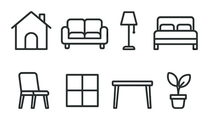 Minimalist furniture icons: home sofa, bed, lamp, chair, window, table, plant