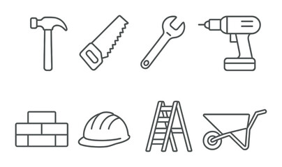 Set of construction tools icons: hammer, saw, wrench, drill, helmet, ladder, wheelbarrow