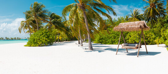 Paradise tropical maldive white sand beach with palms
