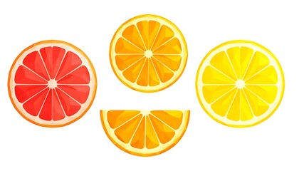 Obraz premium Colorful citrus slices, grapefruit and orange, displayed in a geometric design against a white background.