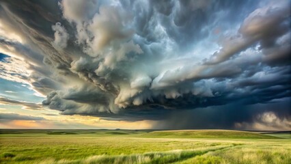 Fototapeta premium Imposing Storm Clouds Over Serene Grassland, A Dramatic Contrast of Nature's Power and Tranquility