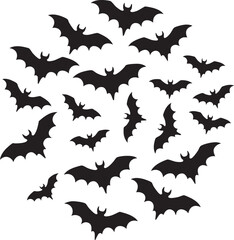 Black bats flying in a circular pattern on white background