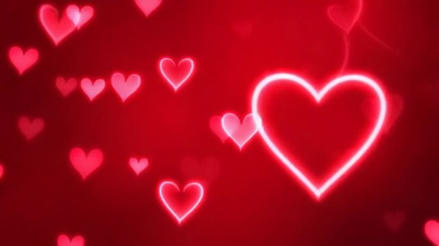 Red Neon Hearts With Red Hearts Flying