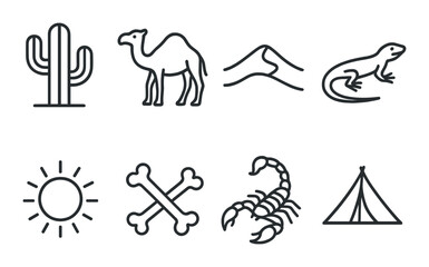Fototapeta premium Desert symbols: cactus, camel, dunes, lizard, sun, bones, scorpion, tent silhouettes