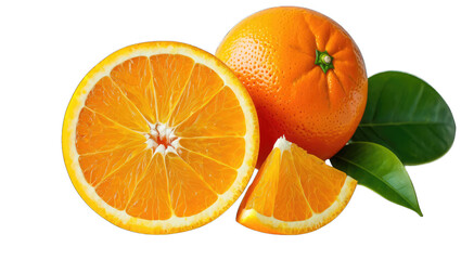 Whole Orange, Half Orange, and Orange Slice with Leaves isolated on a transparent background