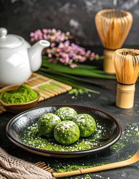 Attractive matcha green tea balls, sprinkled with white edible flakes, sit on a dark plate, surrounded by matcha tea accessories.
