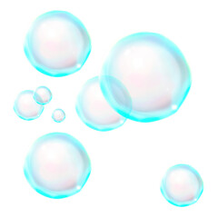 Soap bubbles isolated on transparent background. Floating shiny round spheres on white. Blue foam circles flying in the air. Light aqua colored foam liquid illustration.