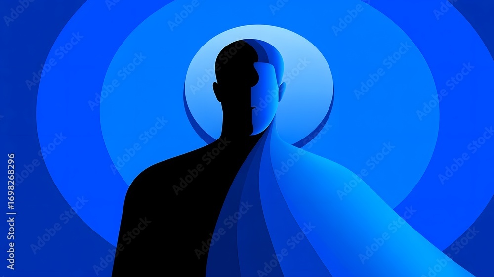 Poster a minimalist, surreal image depicting the silhouette of a human figure in a serene, blue-toned abstr