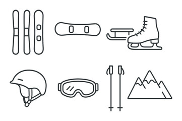 Winter sports equipment icons: skiing, snowboarding, ice skating, and mountain adventure gear