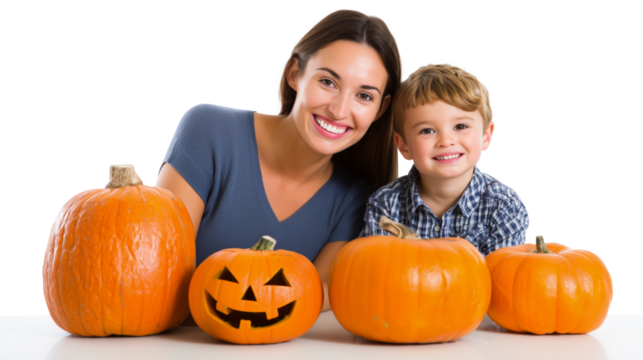 White mother and child smiling together surrounded by halloween pumpkins and jack o lantern. Family bonding and halloween traditions. - Powered by Adobe