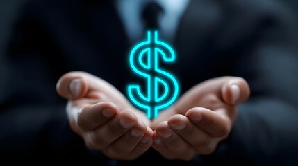 Closeup of a person's hands cupped together, with a glowing dollar sign symbol floating above, symbolizing the idea of earning, saving, and managing money for financial growth and security.