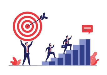 Businessmen achieving success through strategic goal setting and consistent progress on a rising career ladder