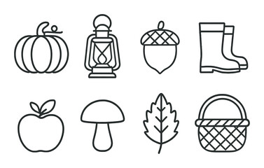 Minimalist autumn icons featuring pumpkin lantern acorn boots apple mushroom leaf basket