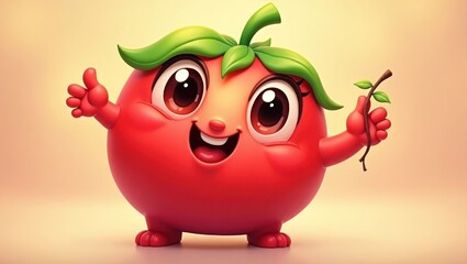 A cheerful, cartoonish tomato character, with large eyes and a friendly smile, holds a twig in one hand and gives a thumbs-up gesture.