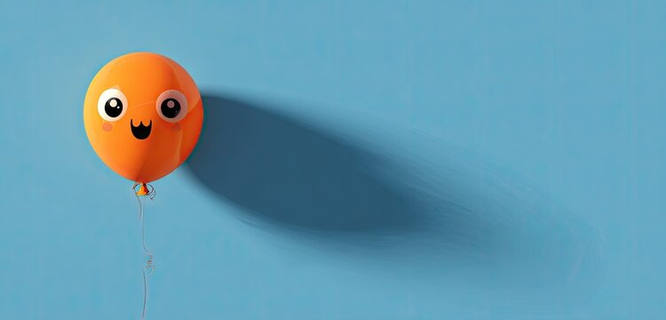 A cute orange balloon character with a happy face casting a long shadow on a plain blue background.