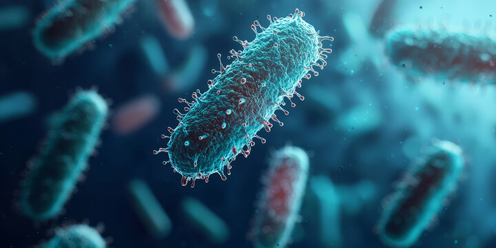 Microscopic view of bacteria and particles in a glowing liquid environment