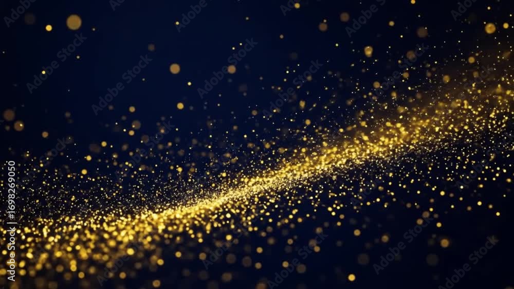 Poster Golden particles flowing across a dark blue background creating a wave like pattern with bokeh effect