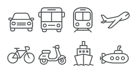 Vector icons of various transportation modes in gray design on dark background