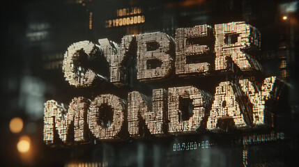 distorted title CYBERMONDAY with pixel glitches and floating code on a dark screen