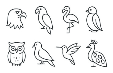 Minimalist bird outlines on textured background: eagle, parrot, flamingo, penguin, owl, pigeon, hummingbird, peacock