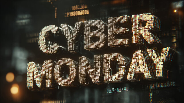distorted title CYBERMONDAY with pixel glitches and floating code on a dark screen