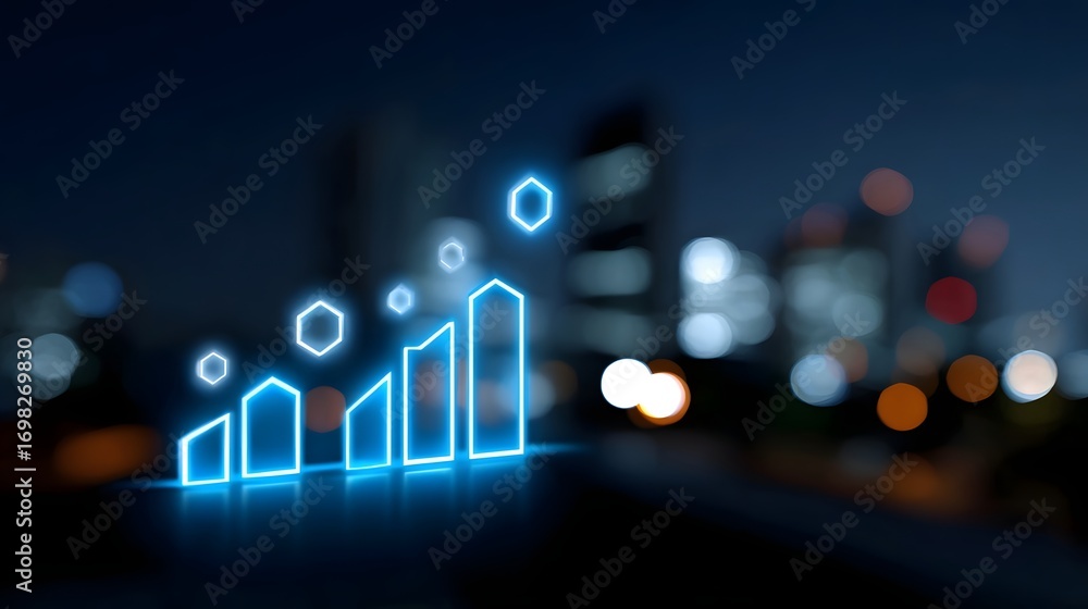 Poster futuristic neon graph and chart display reflecting the growth, analytics, and data-driven insights o