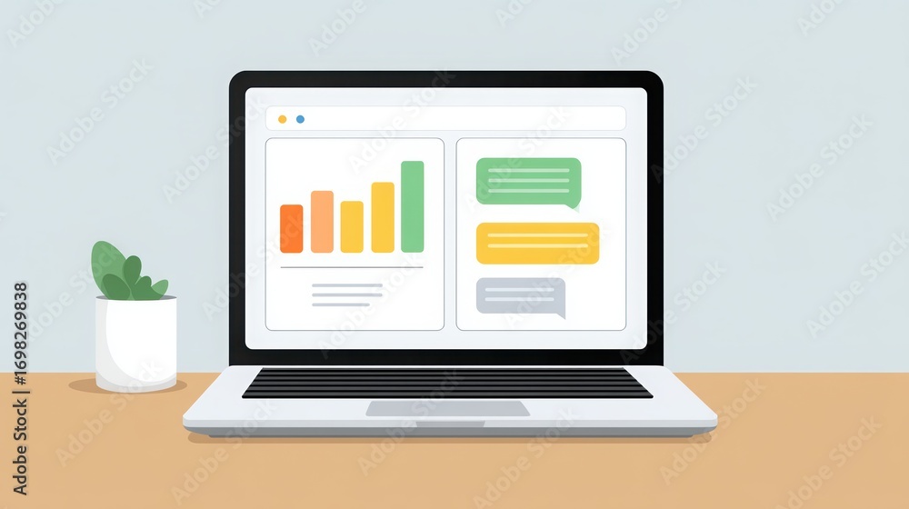 Poster digital productivity a laptop displaying data analysis and messaging features, with a small plant ne