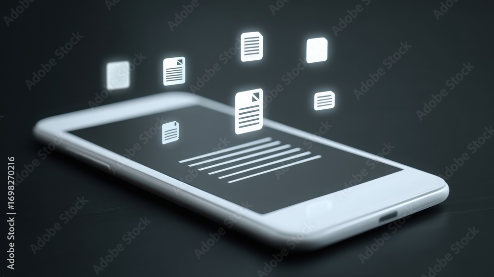 Poster digital productivity smartphone displaying floating documents, symbolizing digital communication and