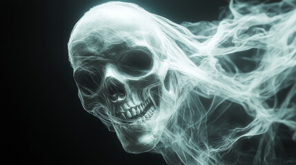 floating skull ghost in a translucent white shroud, haunting dark environment with eerie light