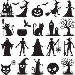 Collection of Halloween silhouette icons and elements Keywords: halloween, witch, castle