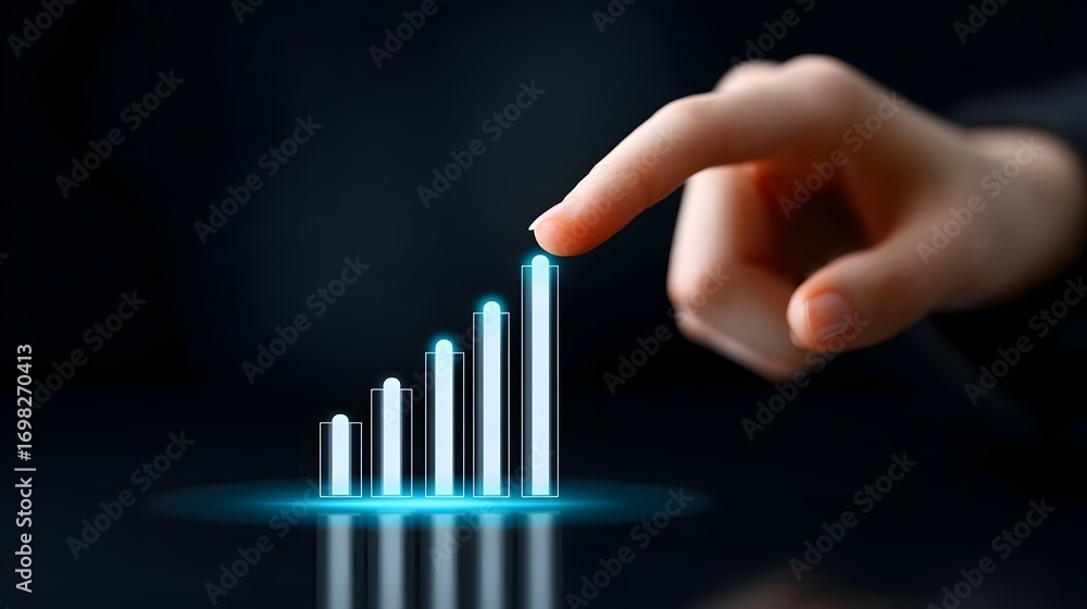 Poster close-up view of a hand interacting with a futuristic, holographic graph display, indicating busines