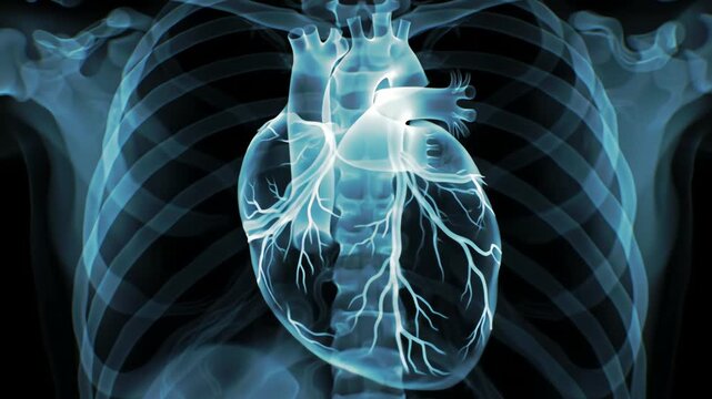 An X-ray style visualization shows the heart pumping in real time, glowing arteries and veins illuminated like a neon map inside the human body