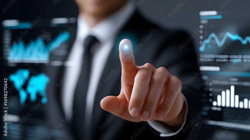 Poster a professional business executive in a suit studying and interacting with various financial charts, 