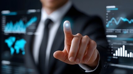 A professional business executive in a suit studying and interacting with various financial charts, graphs, and market data displayed on a digital dashboard interface.