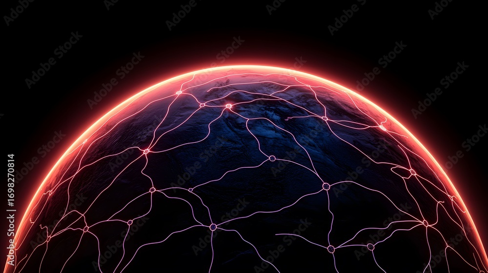 Poster the image illustrates a technological world with glowing red interconnected lines stretching across.