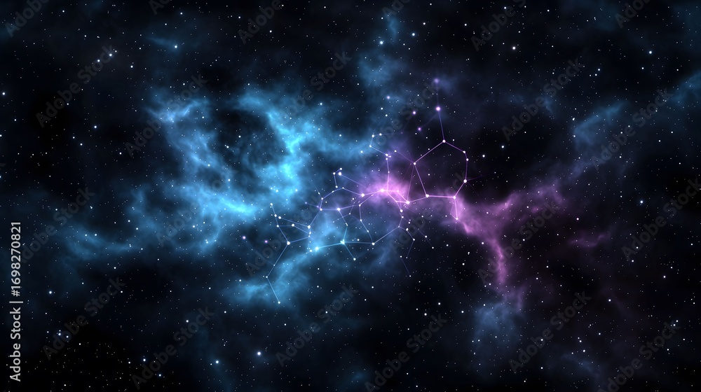 Poster the image showcases a beautiful, abstract depiction of a nebula, featuring bright stars connected by