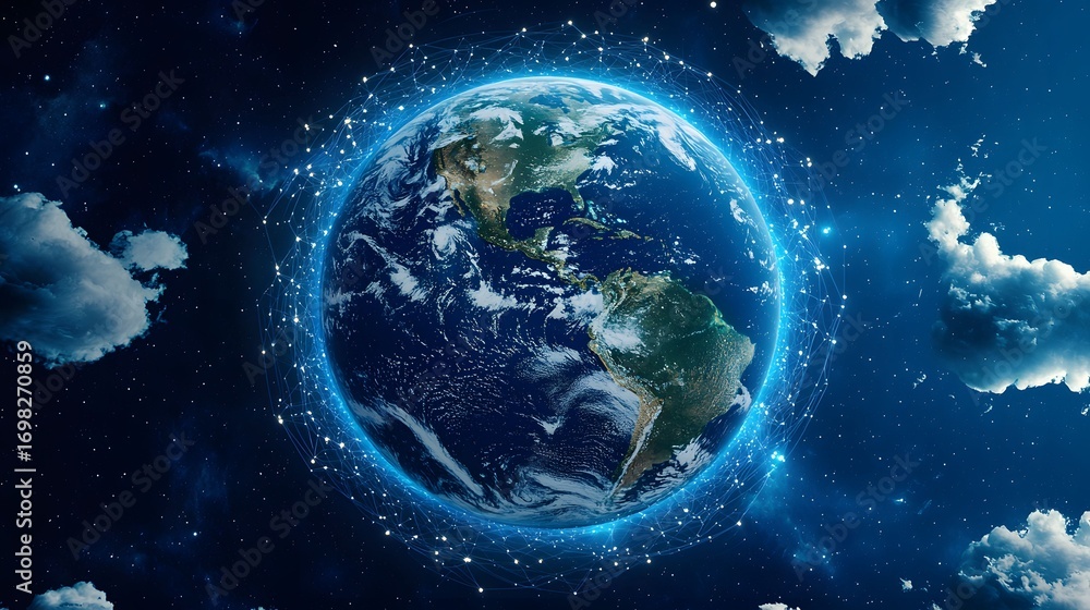 Poster the image showcases earth surrounded by a glowing network in space, set against a backdrop of twinkl
